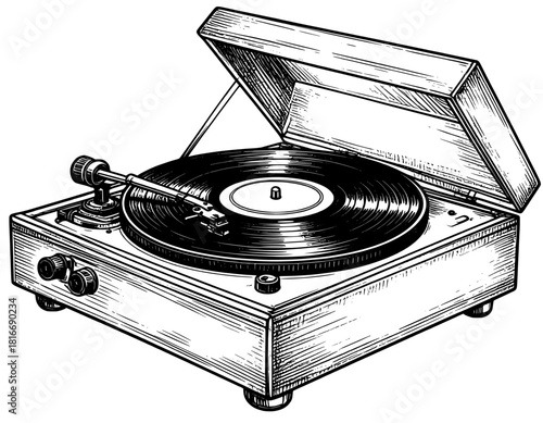 illustration vector hand-drawn vintage vinyl record playing black and white