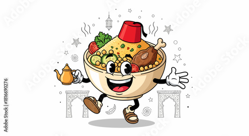 Happy Couscous Bowl Character with Festive Decorations.