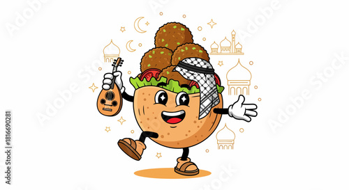 Happy Falafel Mascot Character Playing Oud Instrument.
