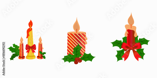 Flat christmas candles set. Xmas decorative scented aromatic candle fir branches, winter holidays symbol elements vector illustration