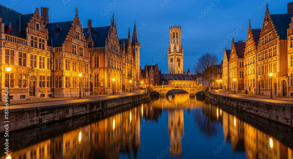 Fototapeta premium Historic canal lined with illuminated medieval buildings and a bell tower at dusk, reflecting in the water