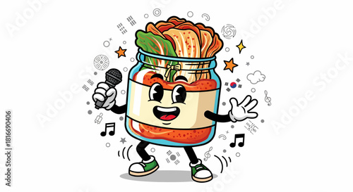 Kimchi Jar Cartoon Character Singing with Microphone.