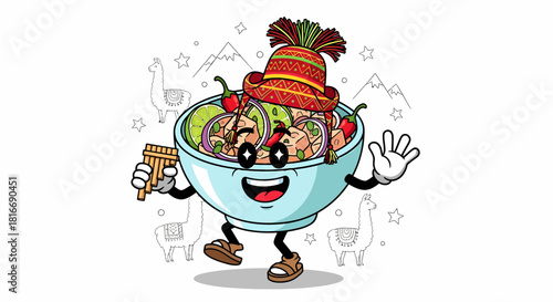 Peruvian Ceviche Character Playing Pan Flute and Waving.