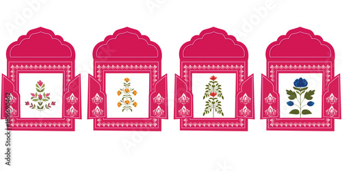 Colorful Rajasthani window frame illustration featuring traditional floral motifs, perfect for invitations, posters, textile designs, wedding themes, and decoration.