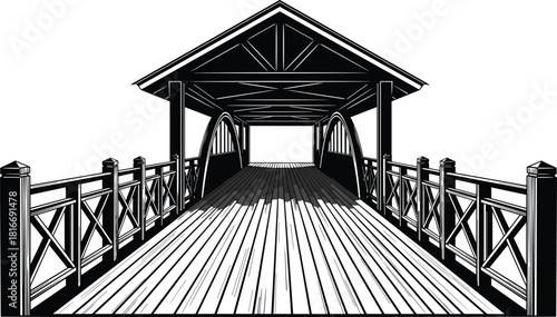 Black and white vector illustration of a wooden covered bridge with railings and arched entrance, perspective view looking forward, isolated on white background.