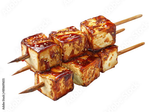 Cubes of grilled, glazed food on skewers
