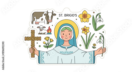 Vector collection of icons for St. Brigid's Day, featuring the saint, a traditional cross, and Irish spring symbols