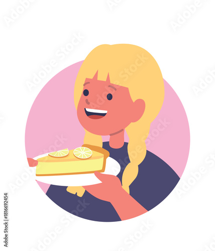 Little girl holding cheesecake portion