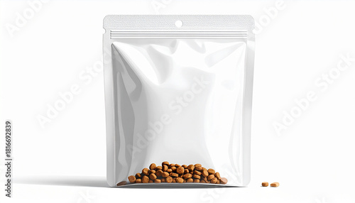 White Pouch with Pellets: A Minimalist Composition of Packaging, Texture, and Product Presentation, Captured in a Clean Scene for Food, Supplements, or Pet Nutrition Branding and Shelf Appeal