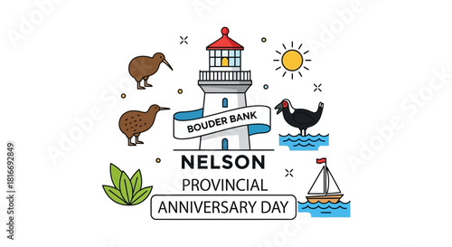 A festive vector illustration celebrating a New Zealand provincial anniversary with a lighthouse on Boulder Bank and native kiwi birds