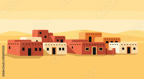 Minimal Flat Design Desert Village or Town with Adobe Houses Vector Illustration