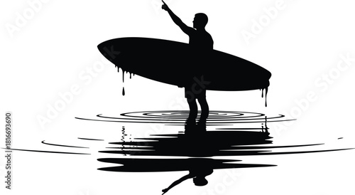 Black and white vector silhouette of a male surfer holding a board, standing in water, pointing upward, with reflection isolated on white.