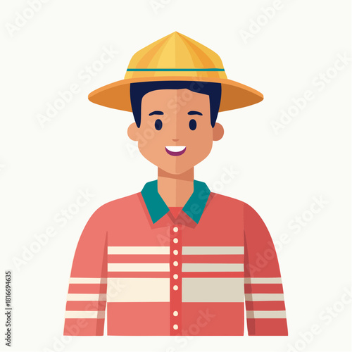 Smiling Asian Man Character Avatar Wearing Traditional Conical Hat in Flat Vector Style