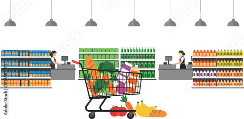 Flat Design Supermarket Interior with Customer Shopping Cart and Checkout Vector Illustration