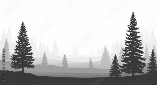 2D flat graphic rendering a dense foggy forest landscape of pine and spruce tree silhouettes standing in layers against a bright, clean white background.