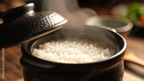 A hand lifts a pot lid revealing fluffy, steaming white rice. Wooden table with other dish in background