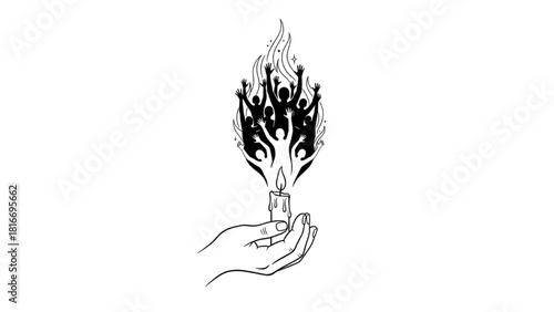 Hand Holding Candle Line Art with Human Silhouette Flame – Hope and Human Rights Illustration