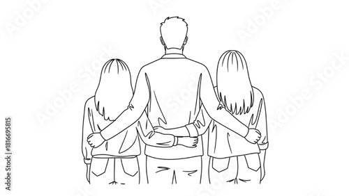 Three People Back-to-Back Line Art Symbolizing Unity, Community, and Equality