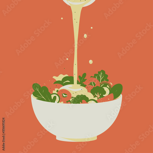 A minimalist illustration of a fresh green salad with red tomatoes in a white bowl, being drizzled with creamy yellow dressing against an orange background.