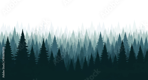 Layered evergreen conifer silhouettes form a stunning minimal forest scene with light atmospheric fog on a clean white backdrop, rendered in a modern 2D flat illustration style.