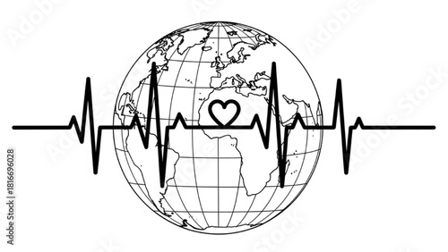 Globe with Heartbeat Line Black Outline Symbolizing Global Health and Well-Being