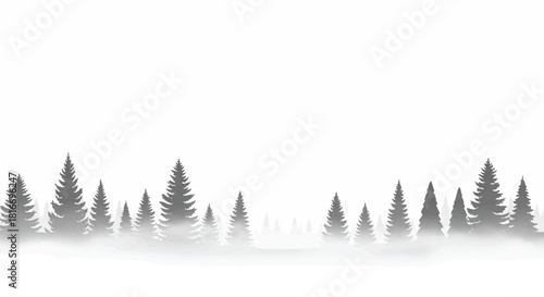 Flat 2D vector silhouette nature scene of deep forest pine and spruce trees emerging from soft white fog on a clean and isolated background.