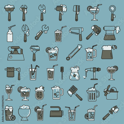 A collection of humorous icons depicting various tools cleverly combined with different types of frothy drinks and cocktails, set against a blue background.