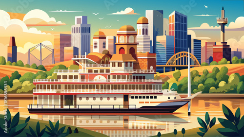 Very beautiful semi-realistic aerial vector of a serene river scene featuring a classic riverboat gliding along the Ohio River with the Cincinnati skyline rising in the background, soft lighting, clea