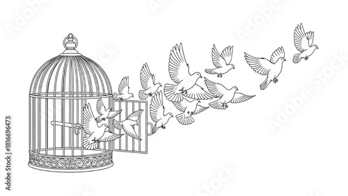 Open Cage Transforming Into Flying Doves Black Line Art Symbolizing Freedom and Liberation
