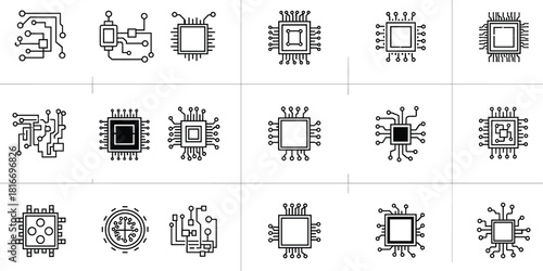 Set of Black and White Outline Computer Chip, Processor, and Virus Icons Vector Illustration