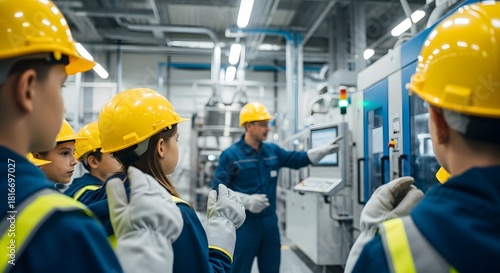 Group of students wearing hard hats learning about machinery in a factory with an instructor present