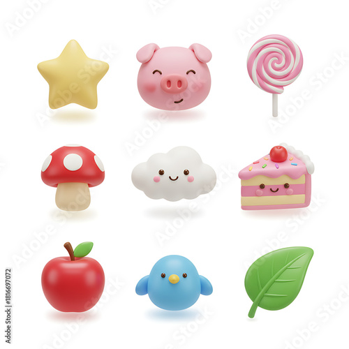 A charming collection of cute 3D kawaii icons rendered in a soft claymation style. This set includes adorable characters like a pig, bird, star, and sweet food items
