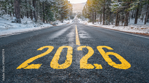 Snowy forest road with yellow 2026 text painted on asphalt leading toward sunlit horizon, straight centerline guiding perspective and winter trees lining both sides