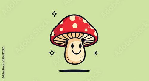 A whimsical cartoon illustration of a red-capped mushroom with white spots, showcasing a charming smile and a playful, enchanted forest aesthetic.