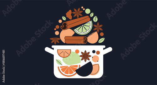 A festive cooking illustration of a pot filled with citrus fruits, cinnamon sticks, and star anise, creating a warm, aromatic, culinary scene.