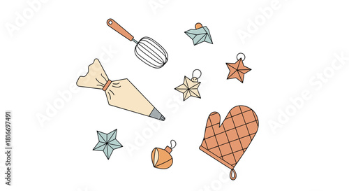 Charming illustration of baking utensils, including a whisk, piping bag, oven mitt, and star-shaped ornaments, perfect for holiday-themed designs.