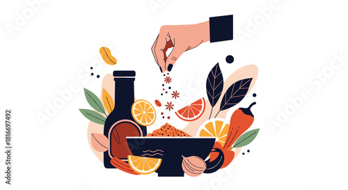 Adding a dash of spices to a culinary creation, enhancing flavor with fresh citrus, herbs, and vibrant chili for a delicious meal preparation.