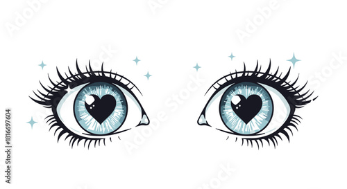 Anime-style eyes with heart-shaped pupils, featuring long eyelashes and small twinkling stars, conveys themes of love, romance, and affection.