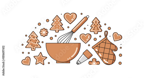 Christmas baking preparation with gingerbread cookies, whisk in a bowl, oven mitt, and piping bag for a holiday mood.