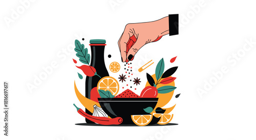 A stylized illustration of a hand sprinkling spices over a bowl of fresh ingredients, set against botanical elements and a dark bottle.
