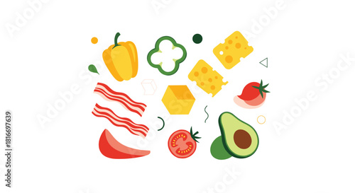 A colorful assortment of fresh food ingredients, including peppers, cheese, bacon, tomato, and avocado, arranged on a white background.