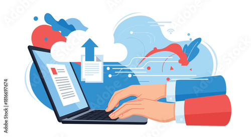 Conceptual illustration depicting cloud data upload with a person typing on a laptop for online storage and access.