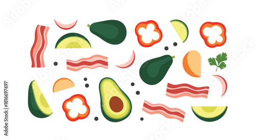 A colorful and fresh assortment of ingredients including avocado, bacon, pepper, onion, and parsley for healthy and tasty meal preparation.