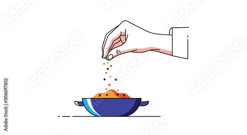 A hand sprinkles spices over a dish in a blue bowl, preparing food with colorful condiments, showing a cooking or culinary concept.