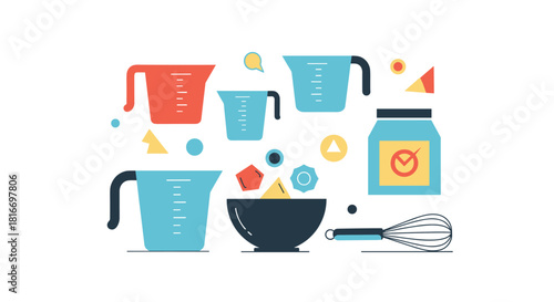Baking preparation with measuring cups and bowl, essential ingredients for creating delicious homemade treats and meals, perfect for cooking adventures.