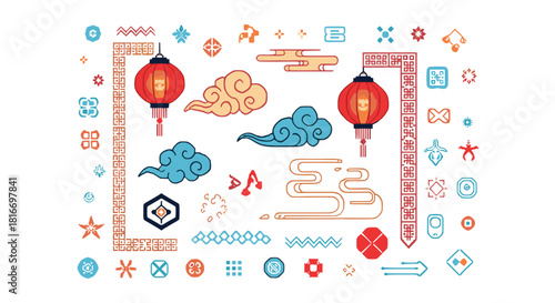 Colorful and festive vector illustration featuring traditional Chinese ornaments like lanterns, clouds, and decorative borders.