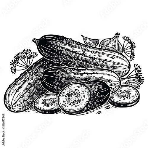 Delicious hand-drawn melon illustration with leaves ready for summer recipes and healthy food concepts