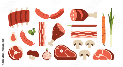 Assorted meats, vegetables, and seasonings arranged in a colorful flat-lay style illustration showcasing various culinary ingredients.