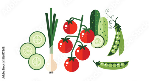 Fresh vegetables including tomatoes, cucumbers, green onions, and green peas are grouped together in this flat illustration.
