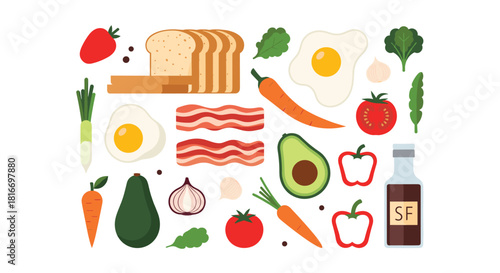 A colorful collection of fresh and nutritious breakfast food staples offers a balanced and appetizing start to the day.